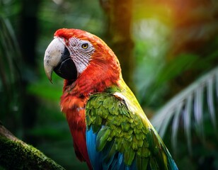 Fototapeta premium colorful parrot perched in lush rainforest