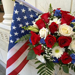 Patriotic Flower Arrangement with American Flag