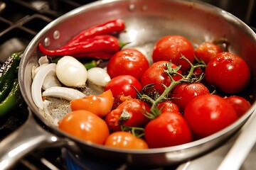 Cooking spicy salsa with tomatoes onions and peppers Mexican cuisine bold flavors