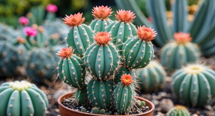 Fototapeta premium Succulent cactus plant growing in the garden with colorful flowers and green stems.