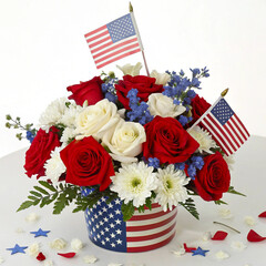 Patriotic Flower Arrangement with American Flag