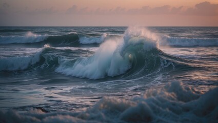 Naklejka premium A surge of evening waves crashing in the ocean during sunset.