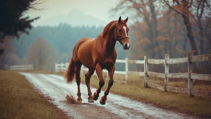 Chestnut Horse Trotting on a Path with Empty Space for Text