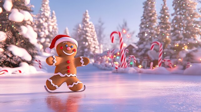 Festive gingerbread man skating in a snowy winter wonderland. - Powered by Adobe