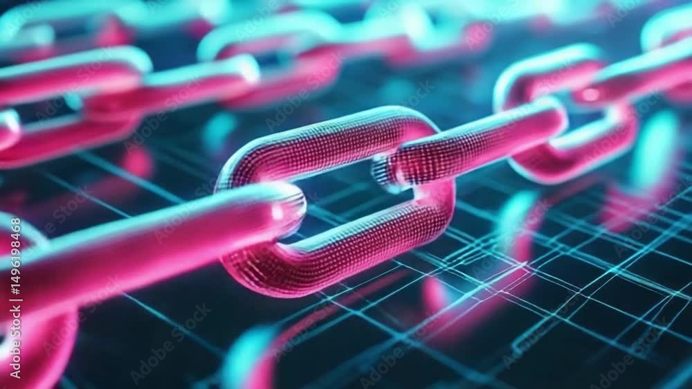 Poster abstract depiction of digital blockchain technology with glowing links and futuristic neon colors in