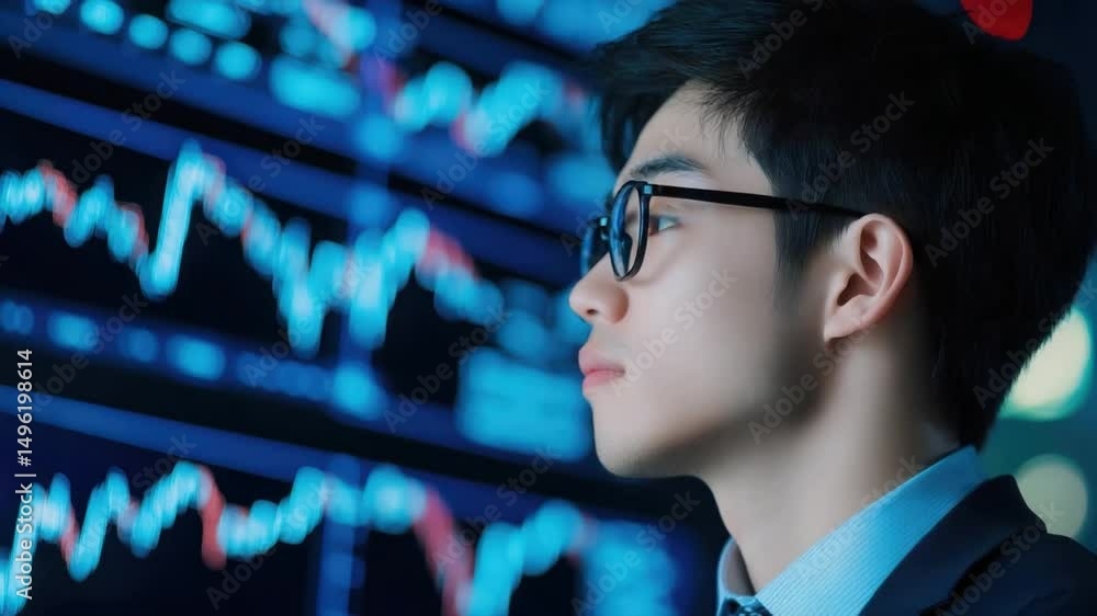 Poster focused business professional analyzing data trends on digital display with blue background
