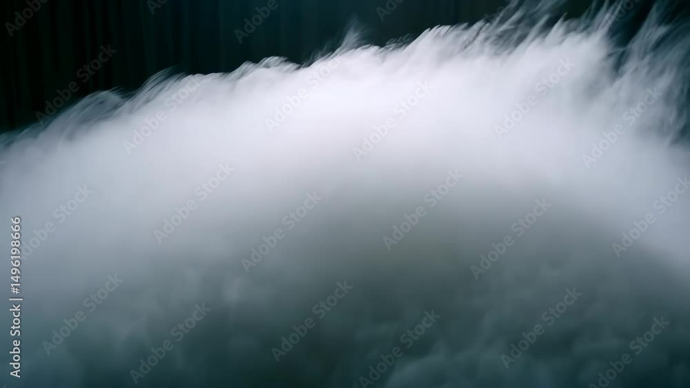 Poster abstract background of dense white fog rolling and swirling above a reflective dark surface in a dyn
