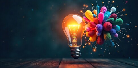 A lightbulb illuminates a cluster of diverse colorful objects, radiating a bright, innovative glow  Perfect for concepts of creativity, inspiration, and bright ideas , wisdom, technology