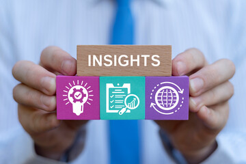 Data Insight. Business person holding color blocks sees text: INSIGHTS. Insights Business Concept.
