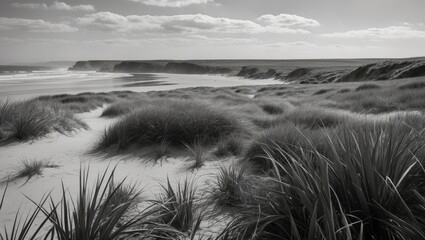 A monochrome view of grass and landscape at a beach. Captured at Point.