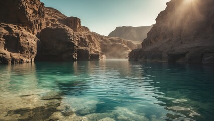 Obraz premium Exploring the tranquil waters of oasis during a sunny afternoon with empty copy space for text