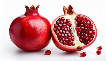 halved pomegranate showing juicy red seeds and vibrant details isolated on white white background concept of freshness and nutrition