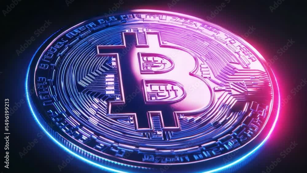 Poster colorful 3d render of a bitcoin coin with neon glow for cryptocurrency and digital currency concepts