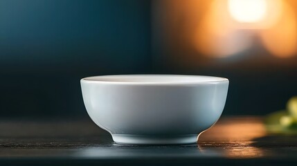 A minimalist white bowl placed on a dark wooden table, softly illuminated in a cozy kitchen setting