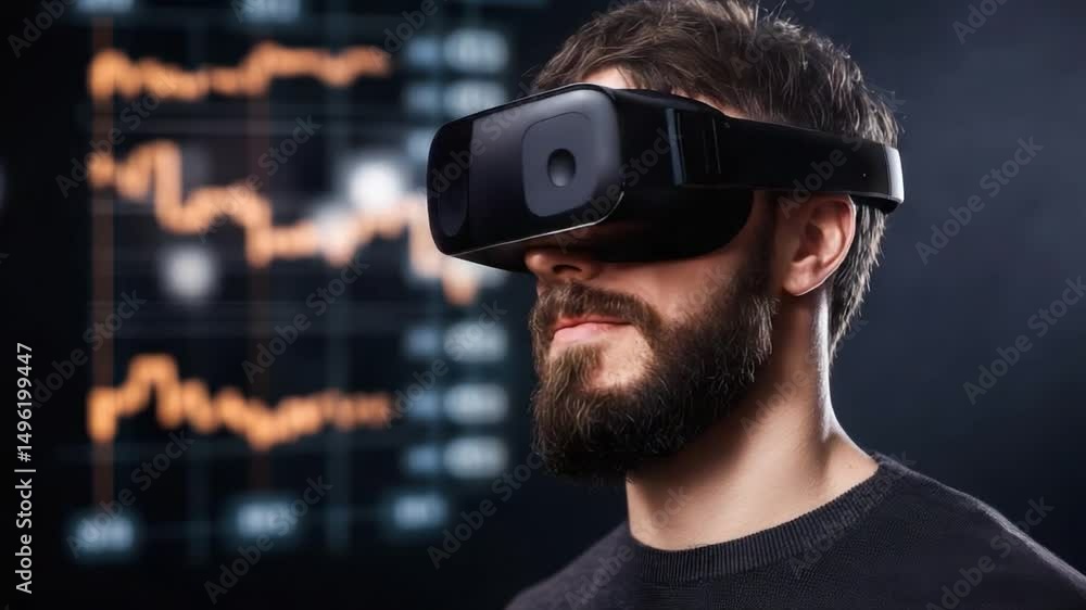 Poster man engaging with virtual reality technology while analyzing data visualizations in a modern digital
