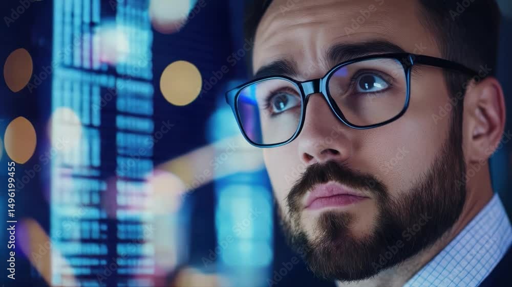 Poster focused business man analyzing data with visual graphics in background at office setting