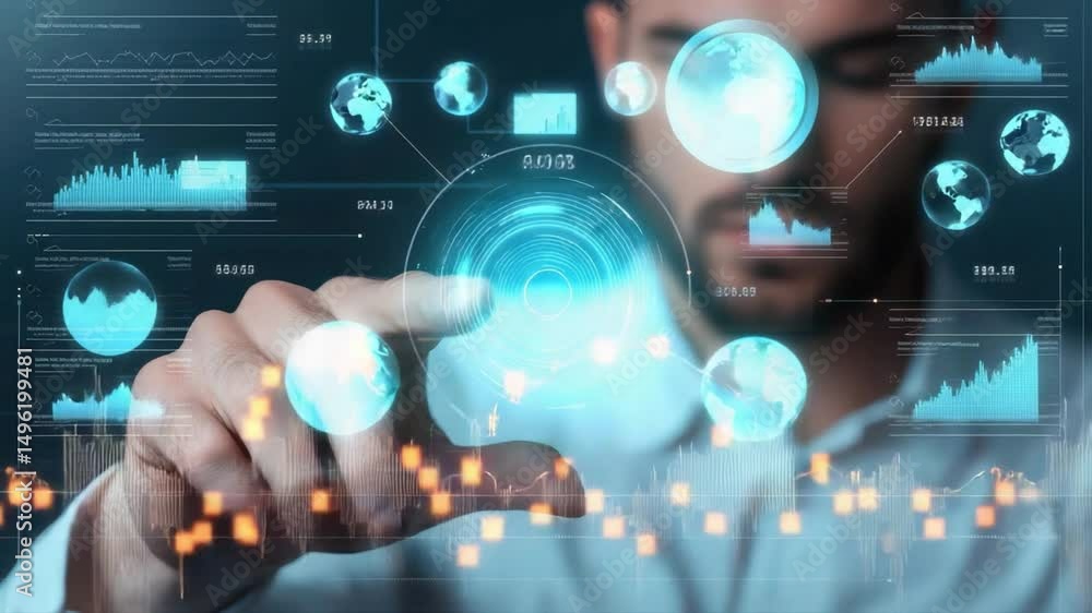 Poster professional man interacting with digital screen showing data visualizations and graphs in futuristi