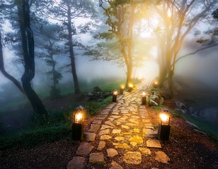 enchanted path with glowing lights misty ambiance