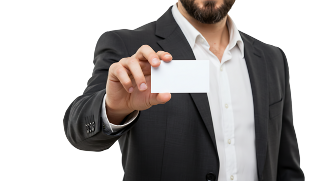 A businessman in a suit presents a blank business card for promotional and contact information.