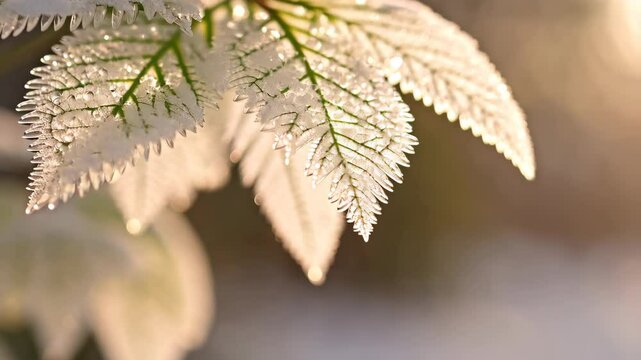 Frost-covered foliage glistens in winter light, showcasing intricate patterns and texture on leaves illuminated by soft sunrise