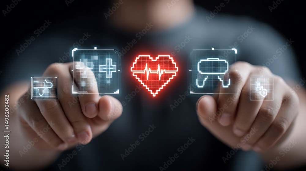 Poster closeup of hands virtual reality controllers with semitransparent overlay of floating gaming tech ic