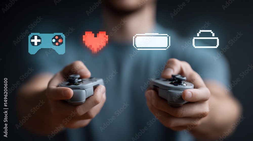 Poster closeup of hands virtual reality controllers with semitransparent overlay of floating gaming tech ic