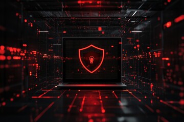 A laptop displays a glowing red shield icon within a dark, digital, matrix-like environment.  Red lines and data streams surround the device