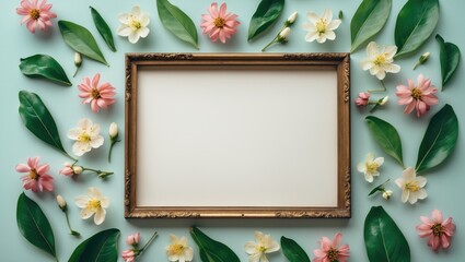 Spring Flowers And Green Leaves Border, Lifestyle Concept. Blank Space, Flat Lay, Aerial View. Charming Background. With Blank Area For Text.