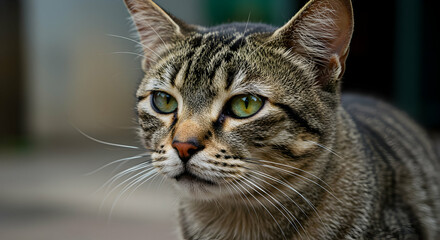 Fototapeta premium Cat, Tabby cat, Feline, Close-up Portrait of a Tabby Cat with Green Eyes