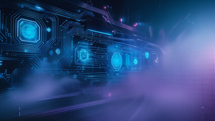 Futuristic Circuit Board with Neon Glow Highlights Advanced Technology