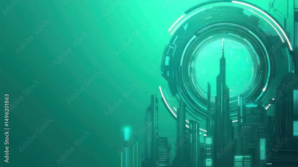 Poster futuristic digital design with glowing elements and circular patterns in vibrant green and black ton