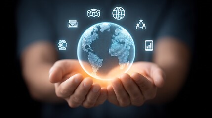 Closeup of hands holding globe semitransparent overlay of floating global business icons network handshake briefcase international trade commerce concept