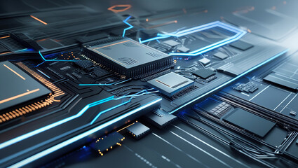 Futuristic Circuit Board with Neon Glow Highlights Advanced Technology