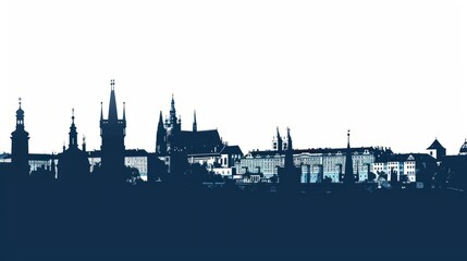 Obraz premium Prague skyline silhouette in navy blue captures iconic architecture against clear sky for commercial use