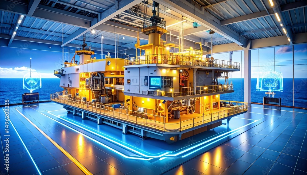 Poster ai-powered mega-container ship engine room a cross-section visualization