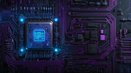 Futuristic Circuit Board with Neon Glow Highlights Advanced Technology