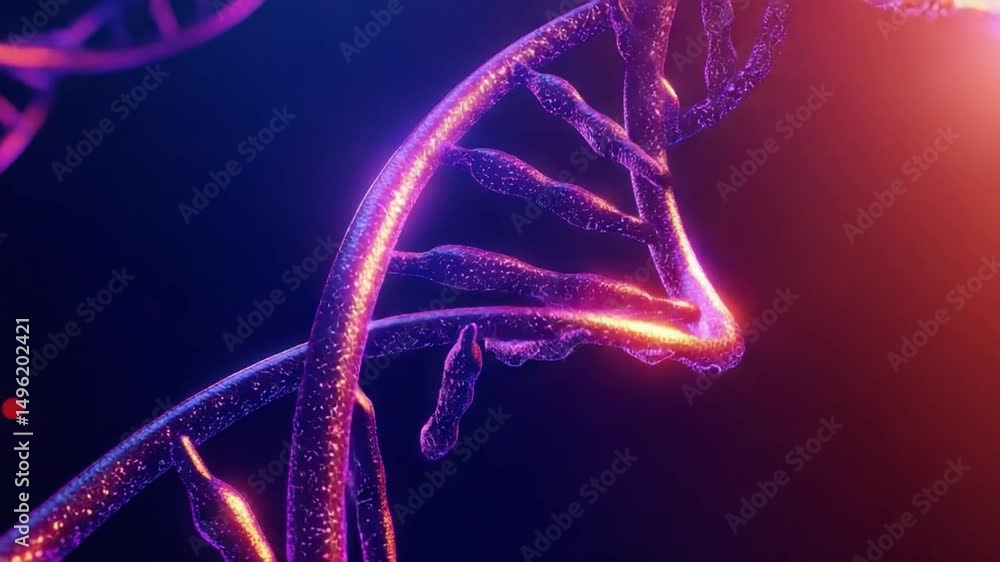 Poster futuristic colorful dna helix with glowing lights on dark background for science and technology conc
