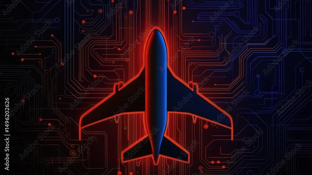 Poster abstract digital art of airplane silhouette with circuit patterns in neon colors on dark background
