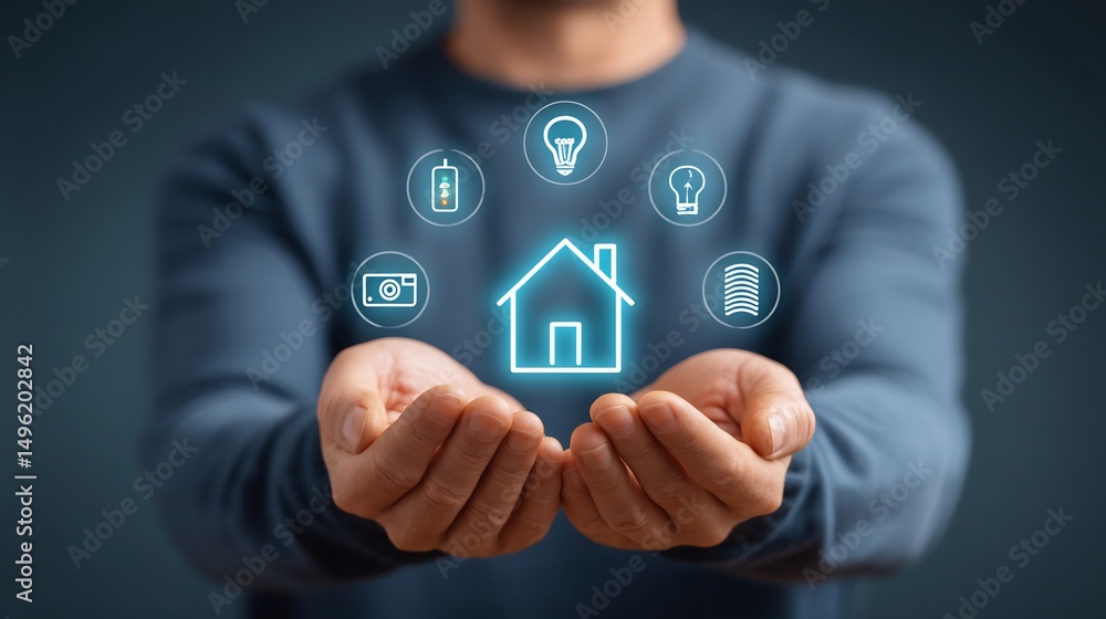 Poster closeup of hands mounting smart sensor semitransparent overlay of floating smart home icons thermost