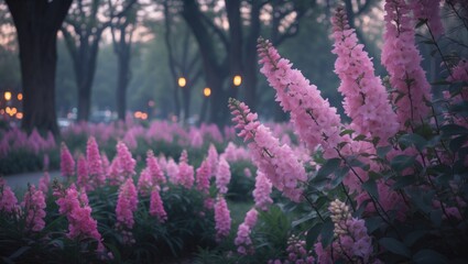 Alamanda blooming in the park with pink flowers and trees.