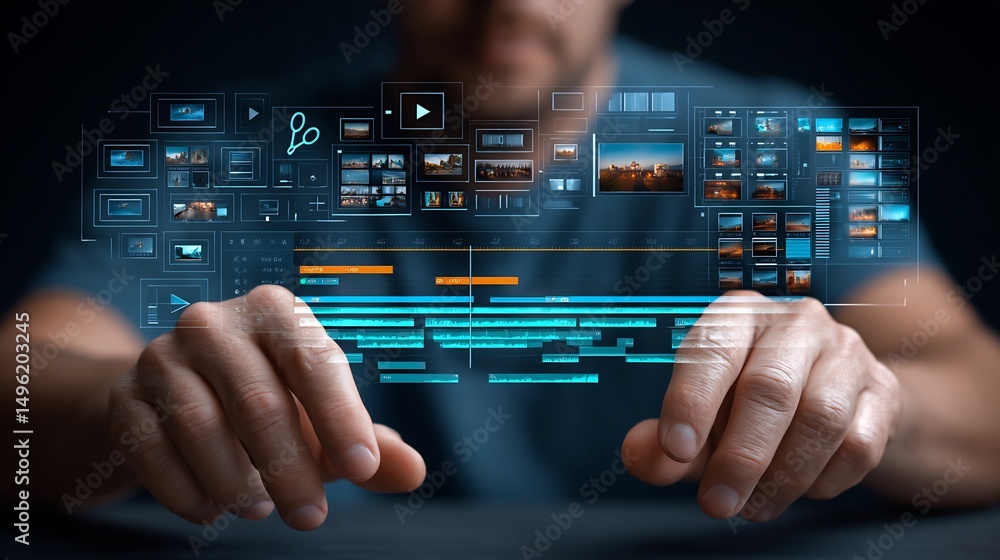 Poster closeup of hands editing video timeline with semitransparent overlay of floating video editing icons