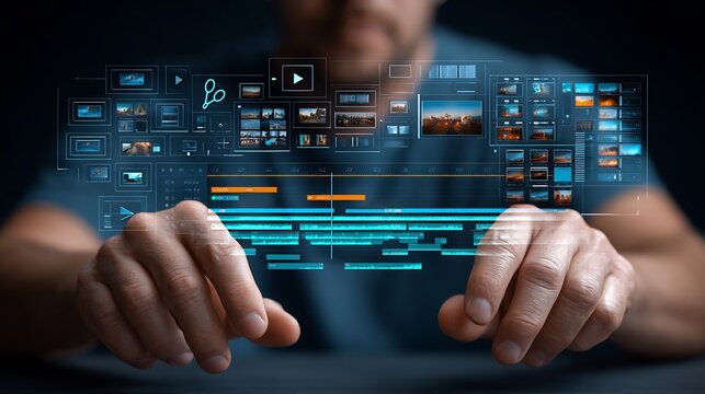 Closeup of hands editing video timeline with semitransparent overlay of floating video editing icons scissors play timeline digital content production concept