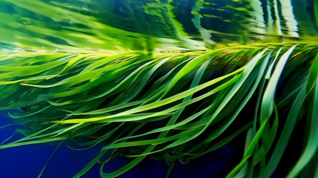 Underwater view of vibrant green sea grass swaying gently with sunlight reflections on the surface of clear blue ocean water.