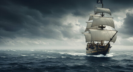 Pirate ship, Sailing ship, Galleon, Pirate Ship Sailing Through a Stormy Sea