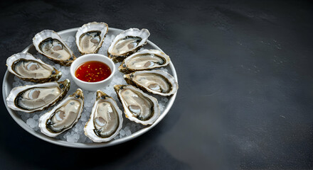 Oysters, Fresh oysters, Seafood, Fresh Oysters on Ice with Spicy Sauce