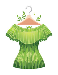Vector Illustration of Cute Green Off Shoulder Ruffle Blouse on Hanger