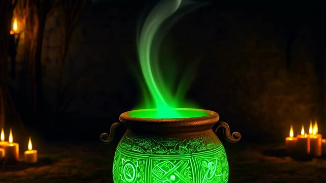 Glowing green potion bubbling inside decorated cauldron with steam surrounded by lit candles, in dark spooky ambiance