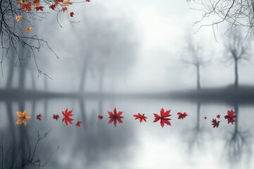 Serene autumn scene with red and orange leaves floating on a misty lake, reflecting the tranquil atmosphere.