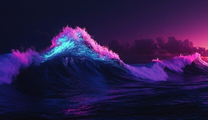 Vibrant neon-lit waves crash under a dramatic, dark purple and pink sunset sky