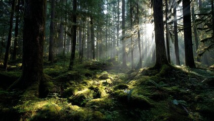 Obraz premium Sunbeams in a Lush Green Forest